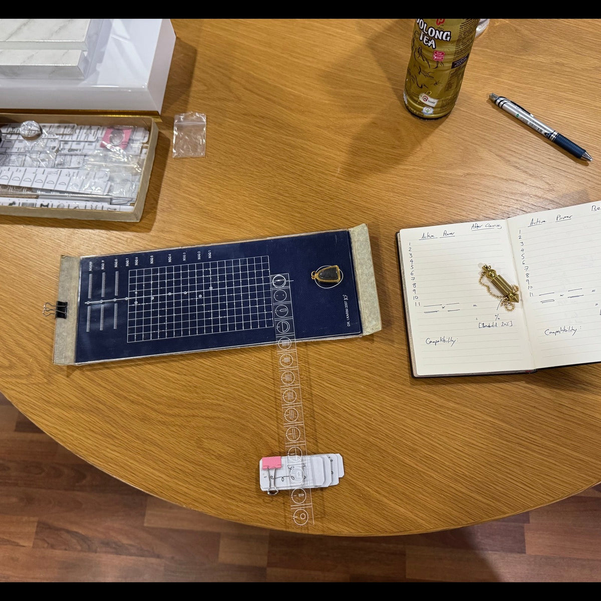 Dhammada practitioner tools used for remote amulet clearing. Process photograph, not a customer result.